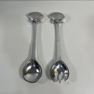 ALLOY METAL SERVING SPOON & FORK Sea‎ Shell Salad Utensils -- Vintage